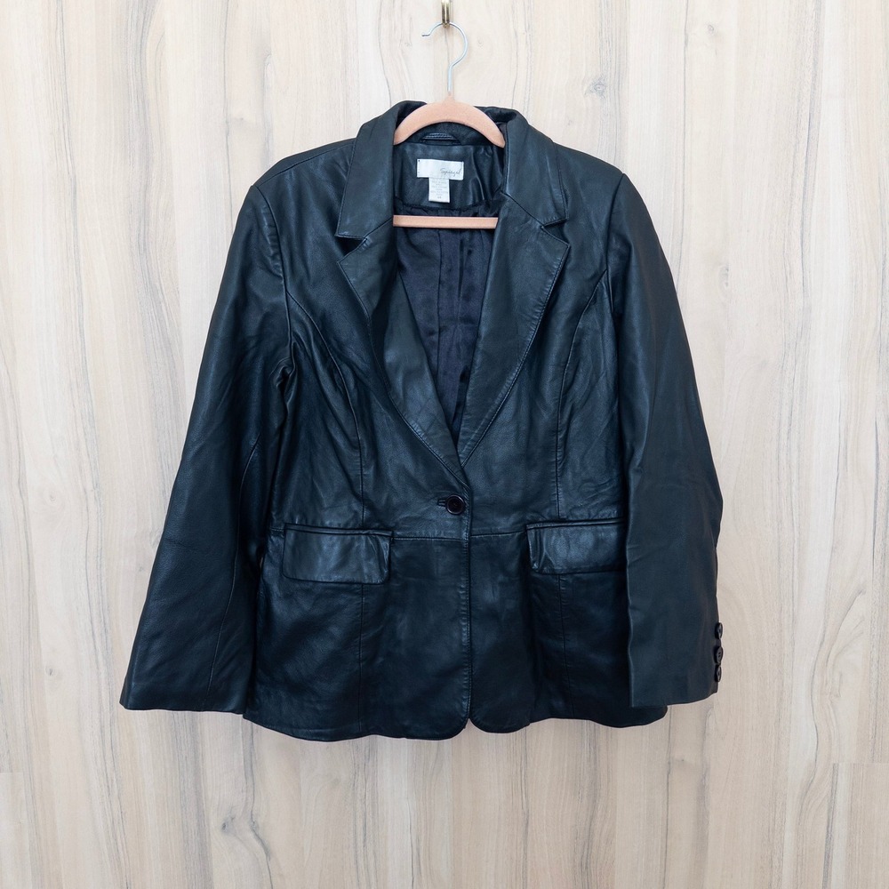 Vintage Spiegel Womens Leather Blazer 14 Black Single Button 90s Minimalist Goth